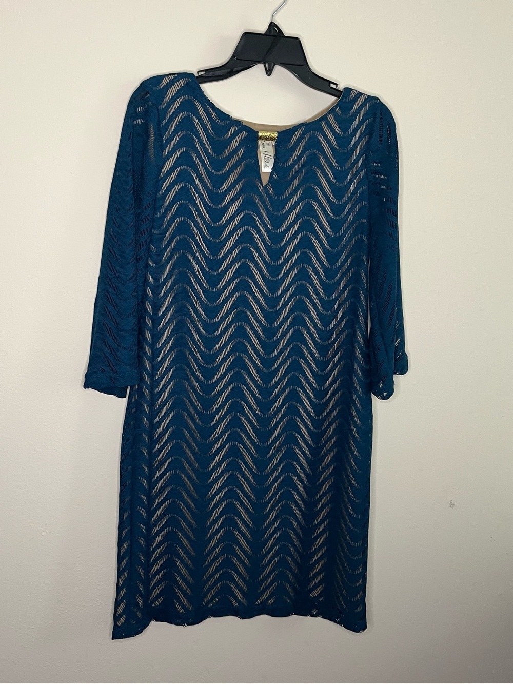 Emma & Michele Teal Lace Chevron Overlay Dress
